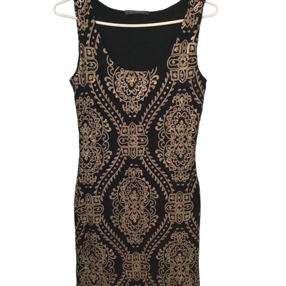 Skinny Bodycon Dress, Black with Gold Design and Sequins